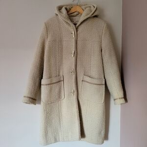 Vintage Women's Wool Blend Oatmeal Beige Tweed Hooded Duffle Coat Jacket Size 10